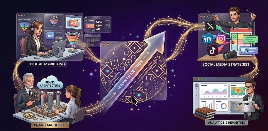 Meraki Nova growth disciplines — digital marketing, social strategy, brand architecture, analytics